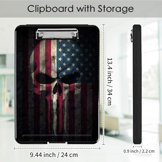 Clipboard with Storage,Office Supplies Nursing Clipboards Folder with Pen Holder Plastic Foldable Clip Board with Storage for Nurse Teacher,Skull Flag
