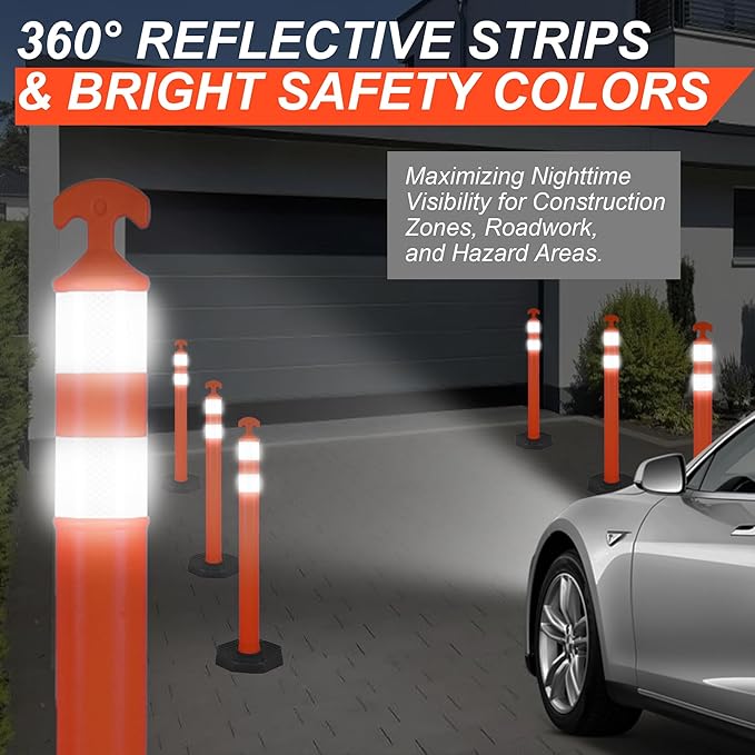 42" Traffic Delineator Posts,3 Pack Orange Safety Cones with Reflective Collars and Weighted Base for Road Safety, Parking Lots