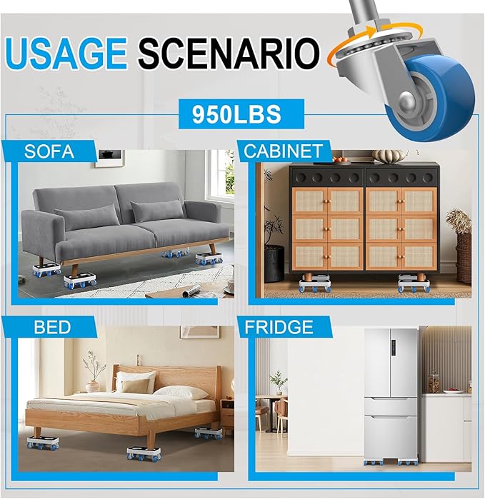 Furniture Dolly with Dual Groove Design: Furniture Sliders with 6 Wheels - for Various Types of Furniture Legs - for Moving Heavy Duty Sofa Bed - Load Capacity Up to 950lb
