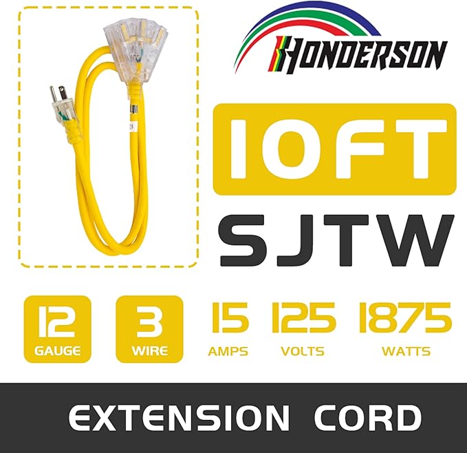 3-Outlets Indoor Outdoor Extension Cord Weatherproof with Lighted End, UL Listed, 12 Gauge 10FT Yellow 3 Prong Heavy Duty, 12/3 SJTW 15A Extension Cord
