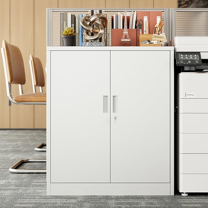 BESFUR Metal Storage Cabinet 36" H, White Locking Cabinet with 2 Lockable Doors and 2 Adjustable Shelves, Garage Storage Cabinet for Home Office, Garage, School, Apartment, Warehouse