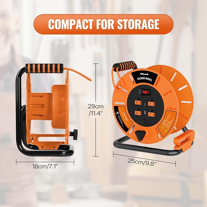 Extension Cord Storage Reel with 4-Grounded Outlet & 2 USB Port, 15A Circuit Breaker, Heavy Duty Open Cord Reel for 12/3,14/3 Gauge Power Cord, Hand Wind Retractable,ETL Listed Orange G85CR06