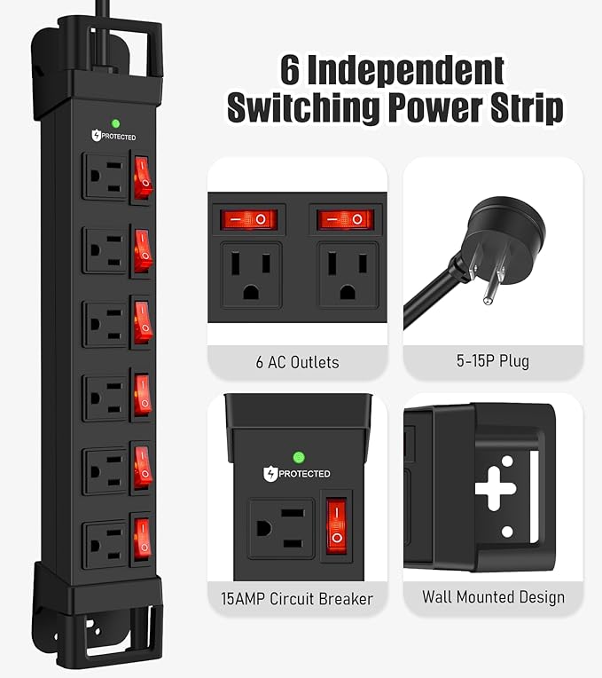 Heavy Duty Power Strip,6 Outlets Metal Power Strip with Individual Switch & Cord Management,Mountable Surge Protector 1200J,6FT Extension Cord(Black,6 FT)