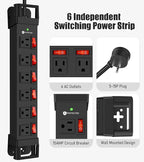 Heavy Duty Power Strip,6 Outlets Metal Power Strip with Individual Switch & Cord Management,Mountable Surge Protector 1200J,6FT Extension Cord(Black,6 FT)