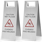 Kigley 2 Pcs Wet Floor Sign, 24 Inch Stainless Steel Caution Wet Floor Sign Double Sided Portable Foldable Bilingual Safety Warning for Hotel Market Restroom Restaurant Office (Silver)