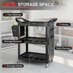 HOMCOM 3 Tier Utility Cart on Wheels, Rolling Tool Storage with Pegboards and Bucket, 200 LBS Load Capacity Plastic Service Cart for Garage, Warehouse, Workshop, Black