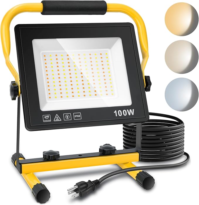 100W Led Work Light, 3000K/5000K/6500K Selectable Work Light, 10000LM Portable Work Lights with 16.4FT Cord, IP66 Waterproof for Outdoor Indoor Job Site Workshop Flood Lights, Gifts for Him