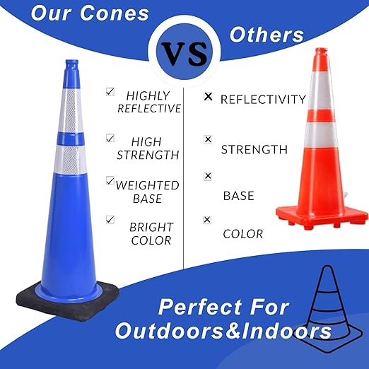 BESEA 4Pack 36” inch Traffic Cones Blue Road Parking Cones Construction Safety Cone Structurally Stable for Traffic Control(Blue Color)
