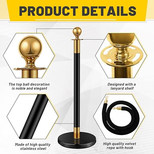 Ferraycle 12 Pcs Stainless Steel Stanchions Post Queue 5 ft Carpet Ropes and Poles Crowd Control Barriers Sand Injection Hollow Base and Velvet Ropes Set for Party Supplies(Black, Gold)