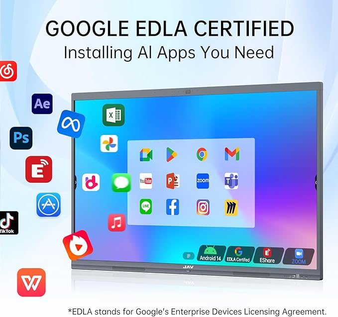 JAV 86 Inch Smart Board 4K UHD Interactive Whiteboard with EDLA Certification Built-in Android OS for Classroom Office Home Digital Display 8+128 GB for Hybrid Work (86 Inch)