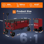 48" L Collapsible Wagon Cart Foldable, 560lbs Weight Capacity 300L Heavy Duty Folding Beach Wagons with Big All-Terrain Wheels, Utility Carts for Groceries, Shopping, Camping, Sports - Grey&Red