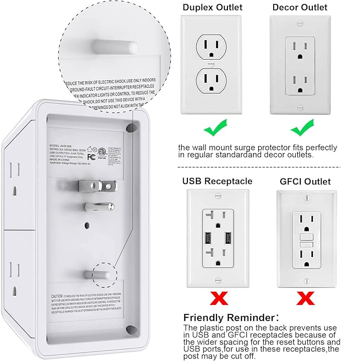 USB Wall Charger, Surge Protector, POWRUI 6-Outlet Extender with 2 USB Charging Ports (2.4A Total) and Night Light, 3-Sided Power Strip with Adapter Spaced Outlets - White，ETL Listed