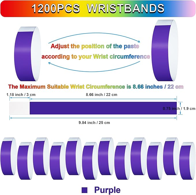 1200 Pcs Plastic Paper Wristbands for Events Neon Color Wrist Bands Concert Identification Wristbands Paper Bracelets Wristbands Party Hand Bands (Purple)