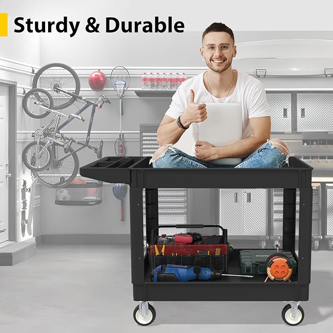 Heavy Duty Utility Rolling Tool Cart, 1000 lbs Capacity Utility Service Cart with Two Trays and Wheels, 46 x 26-Inch Rolling Service Carts Huge Storage, Garage, Warehouse, Workshop, Black