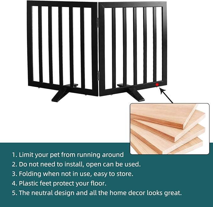 ZJSF Freestanding Indoor Dog Gate for House Foldable Wood Puppy Gate for Doorways Pet Gate for Stairs Extra Wide Pet Fence, Black, 32" Height 2 Panels