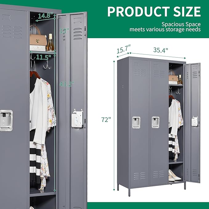72" Tall Employee Locker with Shelves and Hooks 3 Doors Steel Sports Locker for Office Home Bedroom School Gym Garage, Metal Staff Locker Locking Storage Cabinet,Grey