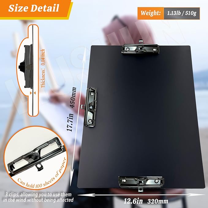 Aluminum 11x17 Clipboard A3 Metal Stainless Hangable Clipboards with 3 Clips Art Pen Holder Extra Large Clip Board for Business Medical Professionals Workshop (Black, A3)
