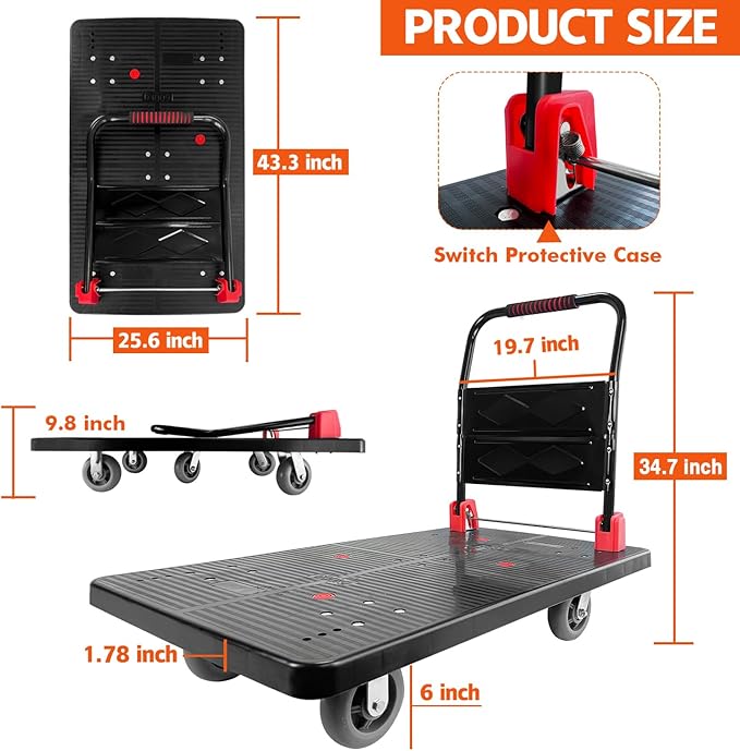 Platform Truck, Foldable Push Cart Dolly w/Five 360 Swivel 6'' Wheels, 1600LBS Capacity Heavy Duty Moving Platform Trucks Hand Cart for Groceries, Garage, Warehouse (43" L x25" W)
