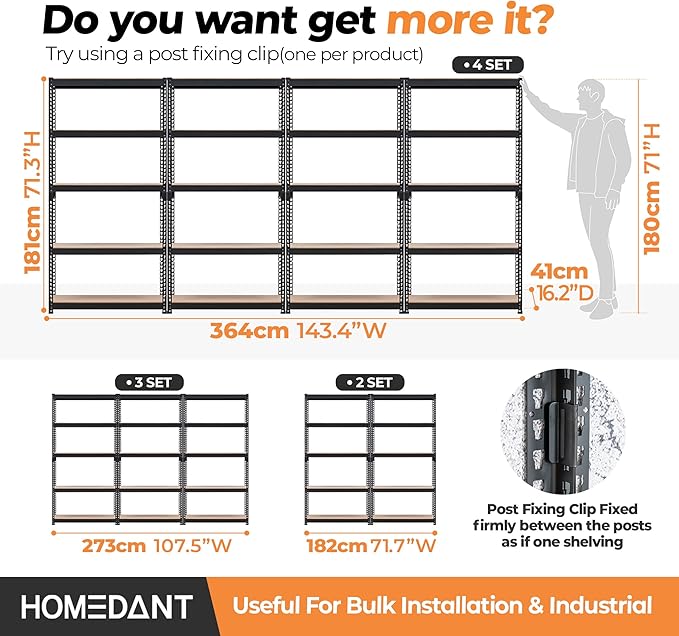 HOMEDANT 5 Tier Storage Shelves Adjustable Laminated Boltless Garage Metal Shelving Unit Heavy Duty Utility Rack Shelf Warehouse Pantry Closet Kitchen (10, (M) 35.9" W, Black)