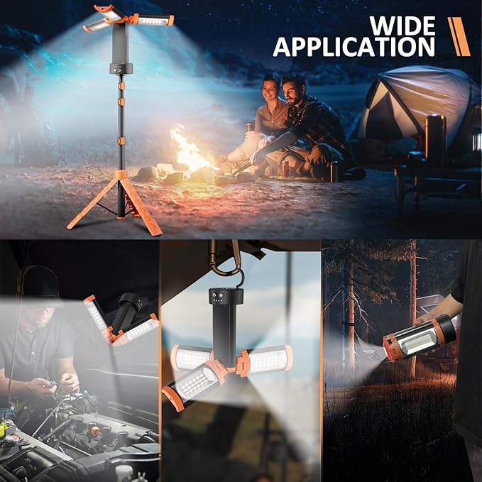 Rechargeable Camping Light with Stand 73" 2500LM 12000mAh, Magnet Work Light Cordless, with 3 Page Head, Hooks & Carrying Bag, Job Site Workshop Outside Orange