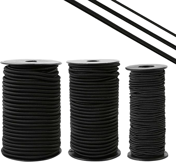 Strong and Durable Bungee Cord Roll - 1/4" x 100ft Elastic Cord, Kayak Stretch String Rope, Bungee Shock Cords for Repairing Tent Poles, DIY, Tie Downs, Black