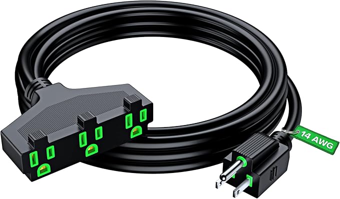 Extension Cord 10 Feet, SJTW Extension Cord with Multiple Outlets, 14 Gauge (Black) ETL Listed