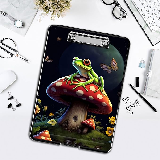 Clipboard with Storage,Office Supplies Nursing Clipboards Folder with Pen Holder Plastic Foldable Clip Board with Storage for Nurse Teacher,Cute Mushroom Frog