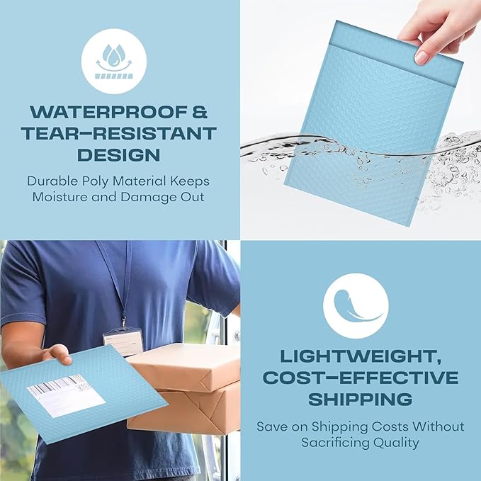 Light Blue Large Poly Bubble Mailers 12x15 inch | Self Seal Padded Envelopes Cushioned Bubble Mailer | Usable Size 12x15 | WaterProof | Lightweight mailing Shipping Bags | 50 Pack Bulk