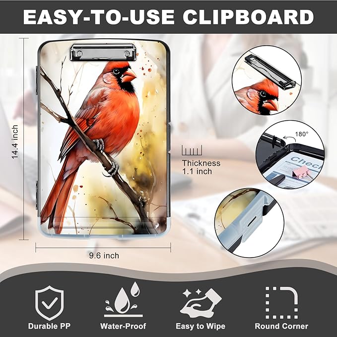 Clipboard with Storage,Storage Clipboard with Pen Holder,Heavy Duty Plastic Storage Clipboard with Low Profile Clip, Clipboard Folder, Teacher Must Haves, Office Supplies,Pink Bird on Branch