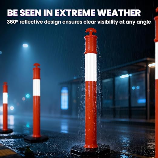 46” Traffic Delineator Post Cones with Stable Carbon Steel Base and Reflective Bands, Channelizer Post Kit, Delineator Post for Road Safety and Event Management (3 Pack)