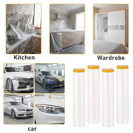 Pre-Taped Masking Film, 4 Rolls 8.8 x 65 Feet Plastic Sheeting, Painters Drop Cloth for Automotive, Furniture, and Appliance Protection