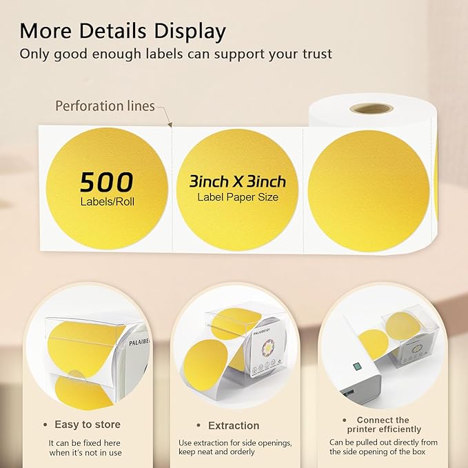 3 X 3 Inch Round Thermal Labels Circle Color Coding Labels Printable Waterproof 500PCS Round Stickers Adhesive Writable for Office, Home, Garage, DIY Sticker, Name Tag,Gold