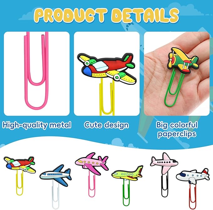 30 PCS Airplane Paper Clips Metal Paperclip Large Size Paper Clip Cute Bookmark Colorful Office Supplies Bookmark Clamp Desk Accessories Stationery for School Gifts for Students