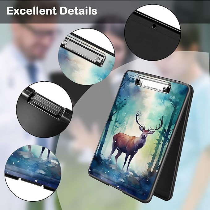 Clipboard with Storage,Office Supplies Nursing Clipboards Folder with Pen Holder Plastic Foldable Clip Board with Storage for Nurse Teacher,Watercolor Forest Deer
