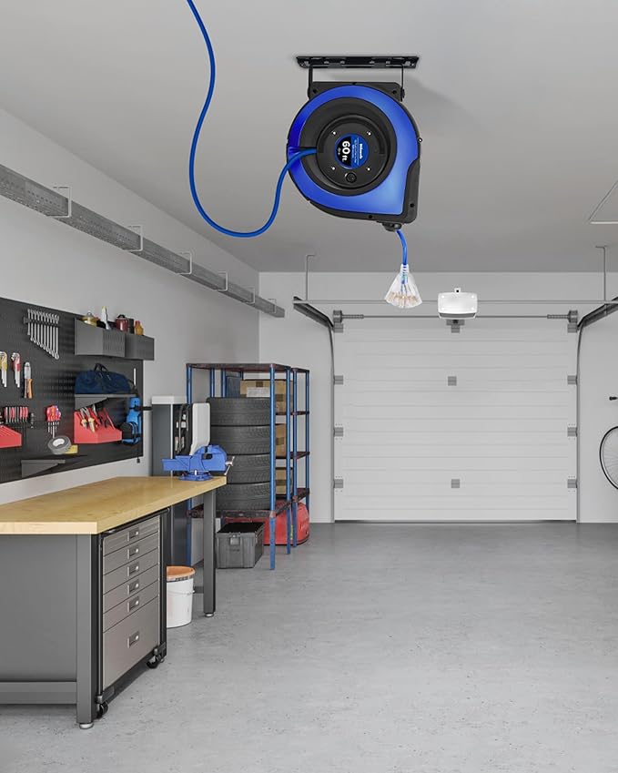 Retractable Cord Reel, 60 FT Heavy Duty Extension Cord, 12AWG/3C SJTOW, 3 Grounded Outlets Lighted Triple Tap, 15A Circuit Breaker, Wall/Ceiling Mounted, UL Listed, Blue U60CR06