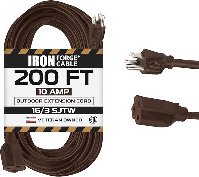 Iron Forge Cable Outdoor Brown Extension Cord 200 ft - 16 Gauge 10 Amp Heavy Duty Brown Outdoor Extension Cords 3 Prong - 16/3 SJTW Great for Outdoor