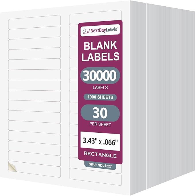 NextDayLabels - 3-7/16" x 2/3" Rectangular Sticker Labels for Printer - White Laser/Inkjet Printer Labels Return Address Labels Shipping Label Stickers (1000 Sheets, 30 Per Sheet, 3000 Labels)