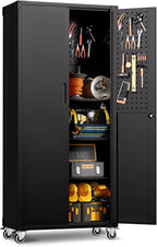 71'' Garage Storage Cabinet on Wheels Black Metal Tool Cabinets with Locking Doors and 3 Adjustable Shelves,Heavy Duty Tall Rolling Steel Cabinets for Garage Warehouse Basement Office