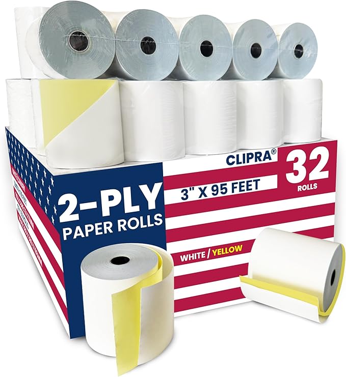 (32 Rolls) 2 Ply Kitchen Printer Paper White/Yellow Carbonless Rolls 3” x 95 Feet Receipt Rolls–Compatible with Star SP700 Printer Paper, SP2000 UP389 & Omni 480 220 250–Ribbons Required–Non Thermal