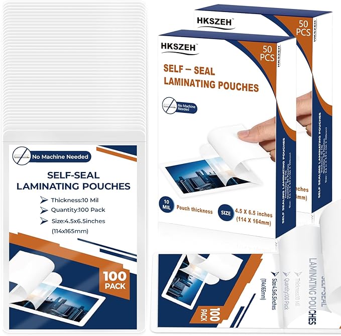 100 Pack 10 Mil 4"x6" Self Sealing Laminating Pouches Self Adhesive Lamination Pouches Clear Laminate Sheets for Office School Home Supplies(No Heat Laminating Sheets & No Laminator Machine Need)