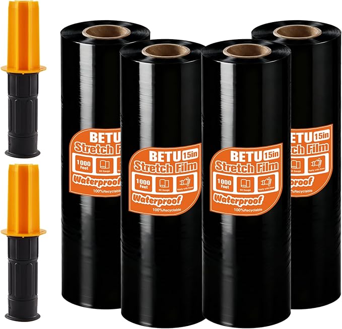 Black Stretch Film Shrink Wrap for Moving Supplies (15inch, 4 Pack) x 1000ft, Industrial Strength Plastic Wrap Stretch Roll for Pallet Wrapping Shipping Moving Boxes Storage Furniture with Handles