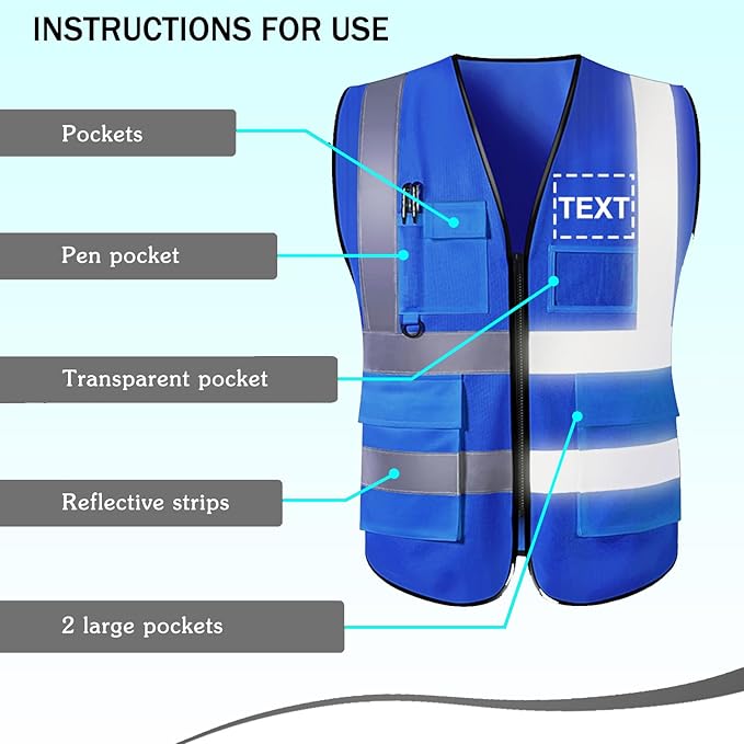 Custom Reflective Safety Vest with Pocket High Visibility Class 2 for Men Customized Logo Text for Construction Workwear