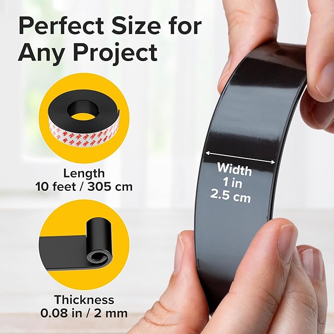 Super Sticky Magnetic Tape (10 feet x 1 inch) - Stong Magnet Strip with Adhesive Backing for DIY & Crafts - Easy to Cut and Mount on Fridges, Whiteboards & More