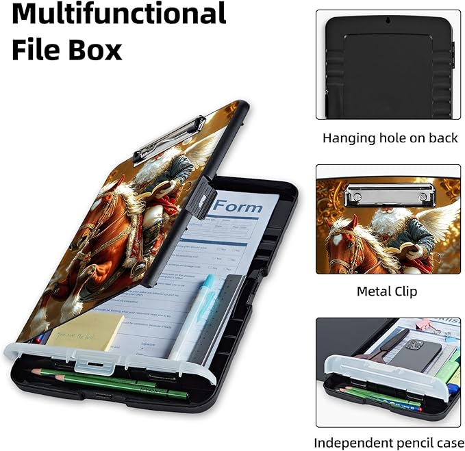 Clipboard with Storage Box & Pen Holder,Heavy Duty Clip Boards 8.5x11 for Nursing,High Capacity,School & Office Supplies,Santa Horse Christmas