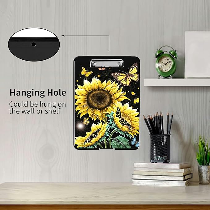 A4 Clipboards,Folder Clipboard with Storage Sunflower Butterfly Heavy Duty Clip Boards Waterproof Nursing Plastic File Folder Storage Box Clipboard Case for Teacher,Doctor,Office