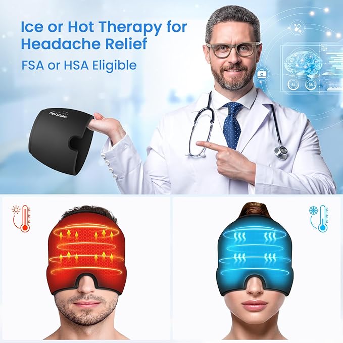 ONLYCARE Migraine Relief Cap, Upgraded Odorless Headache Relief Cap, 360° Gel Surround Ice Pack Mask for Migraine, Sinus, Stress, Frontal Headaches (Black)
