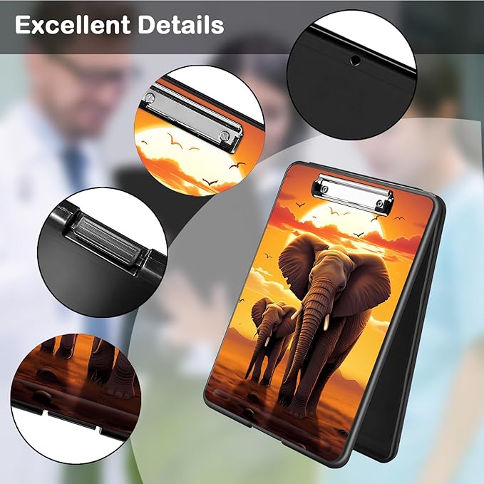 Clipboard with Storage,Office Supplies Nursing Clipboards Folder with Pen Holder Plastic Foldable Clip Board with Storage for Nurse Teacher,Sunset Elephant