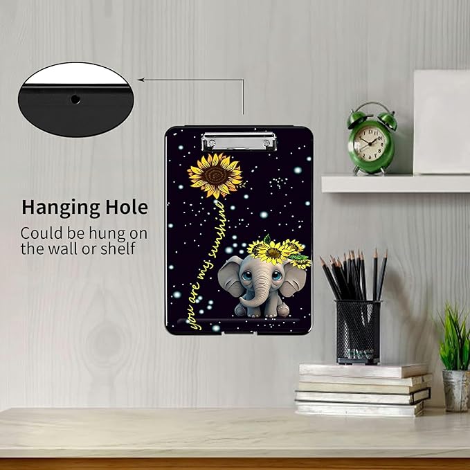 A4 Clipboards,Folder Clipboard with Storage Elephant Sunflower Heavy Duty Clip Boards Waterproof Nursing Plastic File Folder Storage Box Clipboard Case for Teacher,Doctor,Office