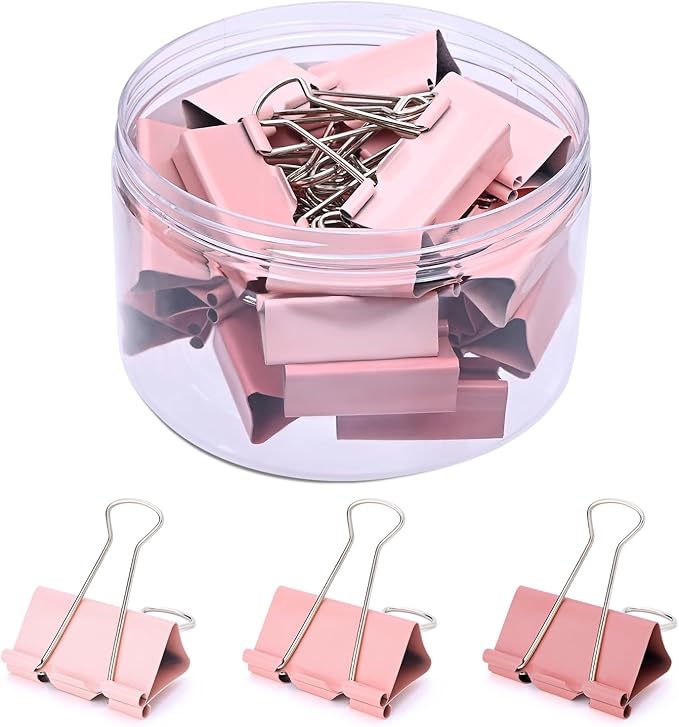 Temiary Aesthetic Binder Clips, 24 Pcs 1.6 Inches Small Metal Binder Clip with Clear Storage Container, Binding Paperwork Clamps for School Teachers Office Supplies (Pink)