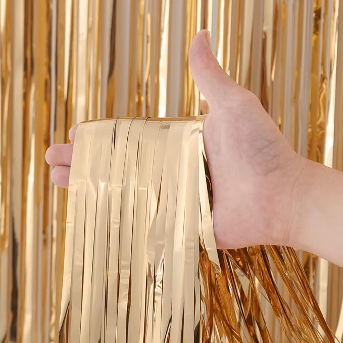 3 Pack 3.3x8.2 Feet Champagne Foil Fringe Backdrop Curtains, Tinsel Streamers Birthday Party Decorations, Fringe Backdrop for Graduation, Baby Shower, Gender Reveal, Disco Party